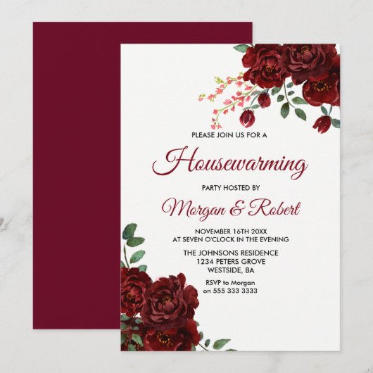 Burgundy Red Rose Floral Housewarming Party Invite Kaart (Voorkant / Achterkant)