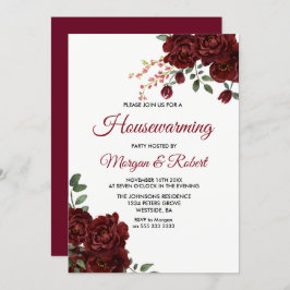 Burgundy Red Rose Floral Housewarming Party Invite Kaart