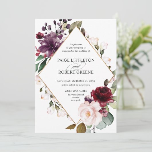 Burgundy Red Rose Floral Lijst Weddenschap Kaart (Staand voorkant)