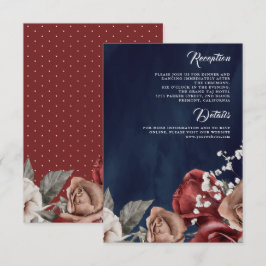Burgundy Red Rose Floral Navy Blue Wedding Details Informatiekaartje