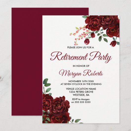 Burgundy Red Rose Floral Retirement Party Invite Kaart (Voorkant / Achterkant)