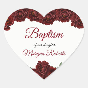 Burgundy Red Rose Flowers Baby Girl Baptisme Hart Sticker