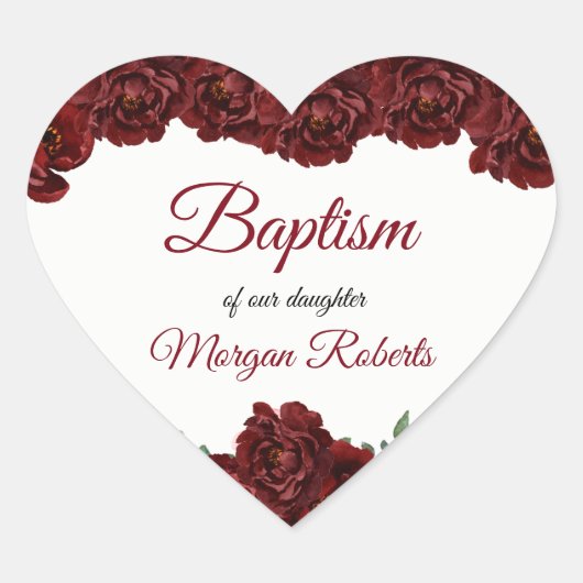 Burgundy Red Rose Flowers Baby Girl Baptisme Hart Sticker (Voorkant)