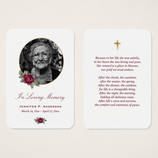 Burgundy Red Rose Gold Floral Memorial Cards Visitekaartje (Voorkant /achterkant)