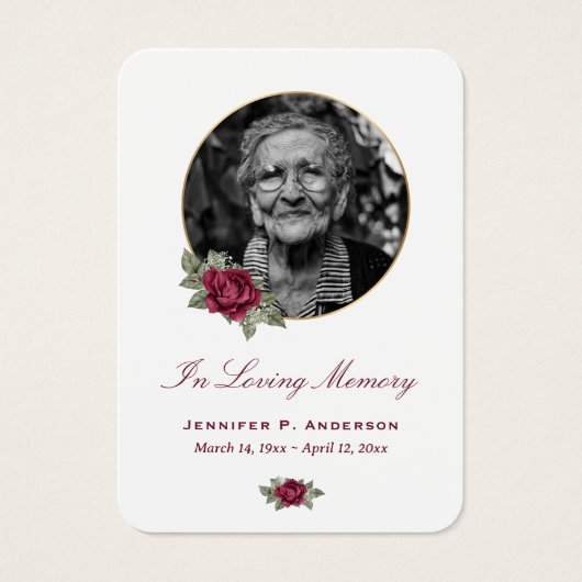 Burgundy Red Rose Gold Floral Memorial Cards Visitekaartje (Voorkant)