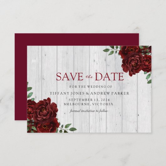 Burgundy Red Rose Romantic Sla de datum op Save The Date (Voorkant / Achterkant)