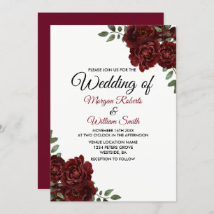 Burgundy Red Rose Romantic Wedding Invitation Kaart