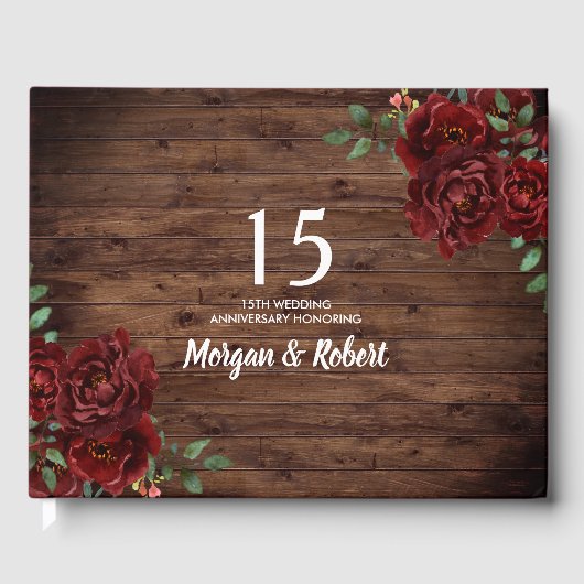 Burgundy Red Rose Rustic 15th Wedding Jubileum Gastenboek (Voorkant)