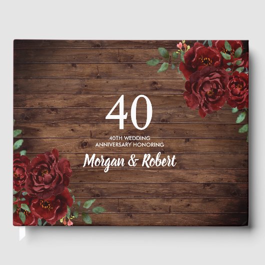 Burgundy Red Rose Rustic 40th Wedding Jubileum Gastenboek (Voorkant)