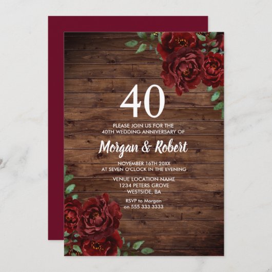 Burgundy Red Rose Rustic 40th Wedding Jubileum Kaart (Voorkant / Achterkant)