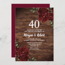 Burgundy Red Rose Rustic 40th Wedding Jubileum Kaart