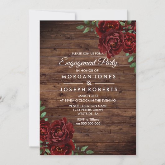 Burgundy Red Rose Rustic Engagement Party nodigt u Kaart (Voorkant)