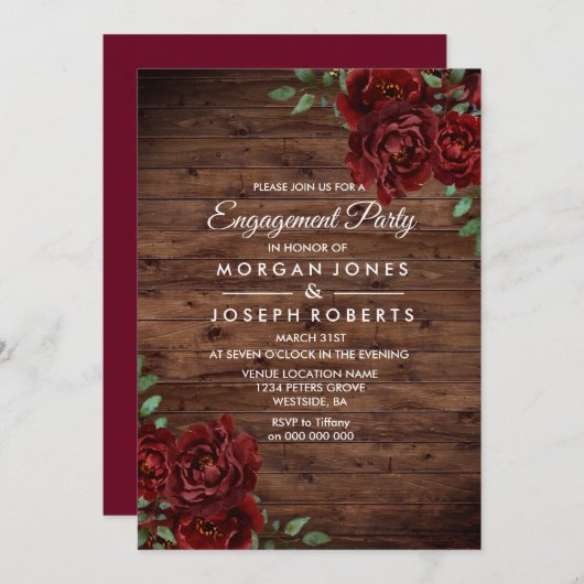 Burgundy Red Rose Rustic Engagement Party nodigt u Kaart (Voorkant / Achterkant)