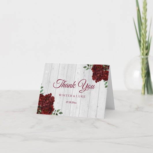 Burgundy Red Rose Rustic Weddenschap Bedankt (Voorkant)