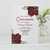 Burgundy Red Rose Rustic White Quinceanera Invite Kaart (Staand voorkant)