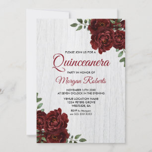 Burgundy Red Rose Rustic White Quinceanera Invite Kaart