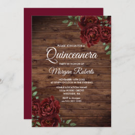 Burgundy Red Rose Rustic Wood Quinceanera Invite Kaart