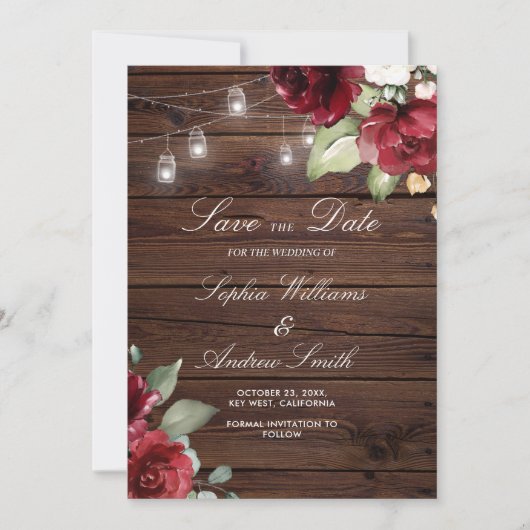 Burgundy Red Rose Rustic Wood SAVE the Date Kaart (Voorkant)