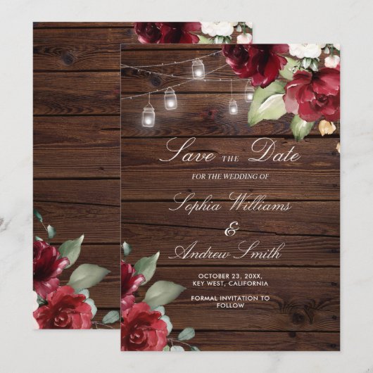 Burgundy Red Rose Rustic Wood SAVE the Date Kaart (Voorkant / Achterkant)