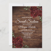 Burgundy Red Rose Rustic Wood Sweet 16 Invite Kaart (Voorkant)