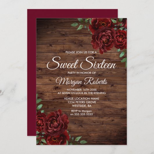 Burgundy Red Rose Rustic Wood Sweet 16 Invite Kaart (Voorkant / Achterkant)