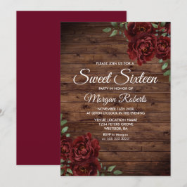 Burgundy Red Rose Rustic Wood Sweet 16 Invite Kaart