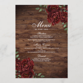 Burgundy Red Rose Rustic Wood Weddenschap Menu