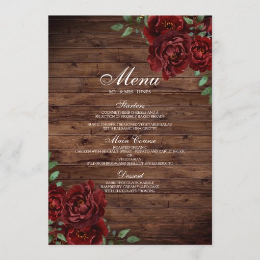 Burgundy Red Rose Rustic Wood Weddenschap Menu (Voorkant)