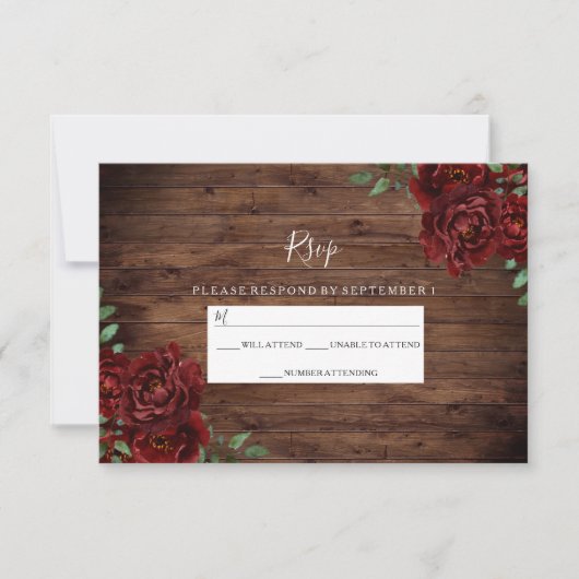 Burgundy Red Rose Rustic Wood Weddenschap RSVP Kaartje (Voorkant)