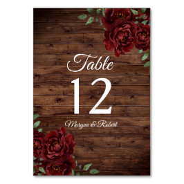 Burgundy Red Rose Rustic Wood Weddenschap Tabelnum Kaart
