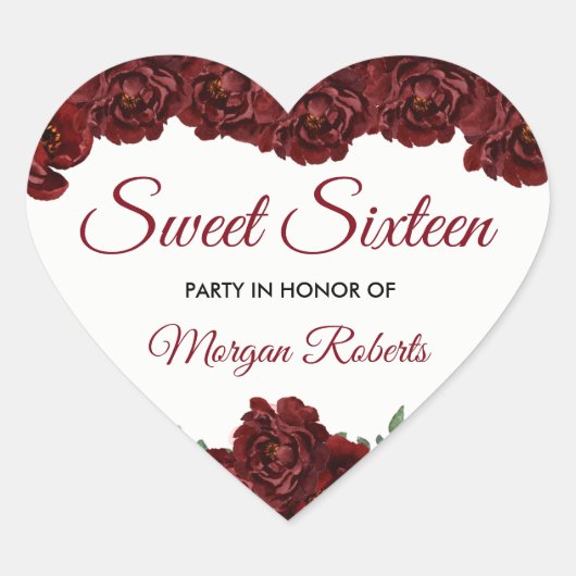 Burgundy Red Rose Sweet 16 16th Birthday Party Hart Sticker (Voorkant)