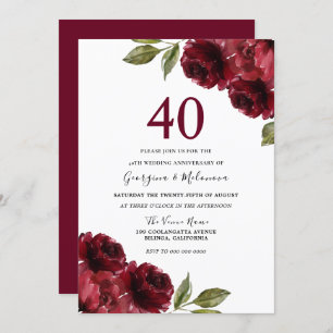 Burgundy Red Roses 40th Wedding Jubileum Kaart