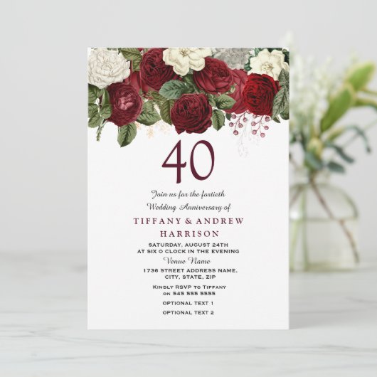 Burgundy Red Roses 40th Wedding Jubileum V2 Kaart (Staand voorkant)