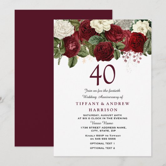 Burgundy Red Roses 40th Wedding Jubileum V2 Kaart (Voorkant / Achterkant)