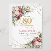 Burgundy red roses 80th birthday invite greenery kaart (Voorkant)