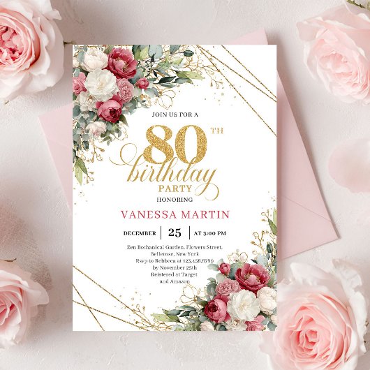 Burgundy red roses 80th birthday invite greenery kaart
