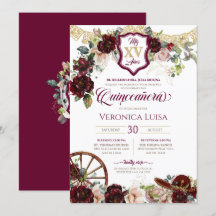 Burgundy Red Roses Elegant Charro Quinceanera Invi