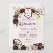 Burgundy Red Roses Elegant Charro Quinceanera Kaart (Voorkant)