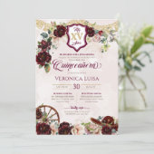 Burgundy Red Roses Elegant Charro Quinceanera Kaart (Staand voorkant)