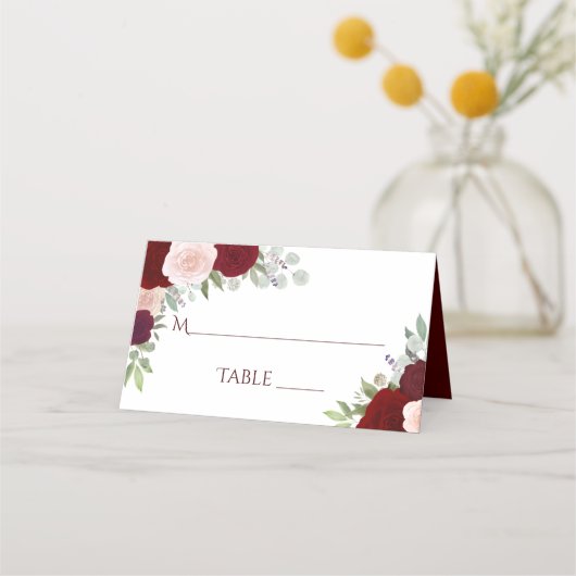 Burgundy Red & Roses Elegant Wedding Write-In Plaatskaartje (Voorkant)