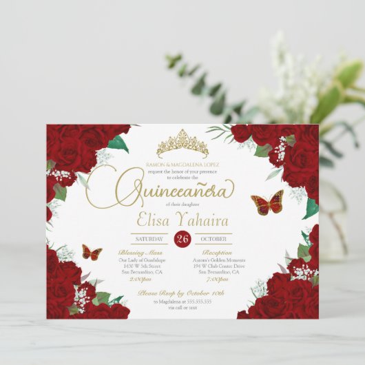 Burgundy Red Roses Floral Butterfly Quinceanera Kaart (Staand voorkant)