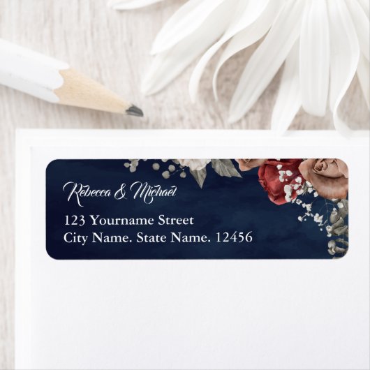 Burgundy Red Roses Floral Navy Blue Wedding Etiket (Insitu)