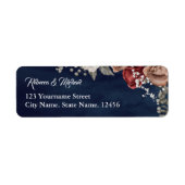 Burgundy Red Roses Floral Navy Blue Wedding Etiket (Voorkant)