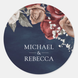 Burgundy Red Roses Floral Navy Blue Wedding Favor Ronde Sticker
