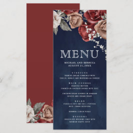 Burgundy Red Roses Floral Navy Blue Wedding Menu