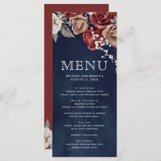 Burgundy Red Roses Floral Navy Blue Wedding Menu (Voorkant / Achterkant)