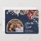 Burgundy Red Roses Floral Navy Blue Wedding Photo Save The Date (Voorkant)