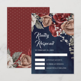 Burgundy Red Roses Floral Navy Blue Wedding RSVP Kaartje