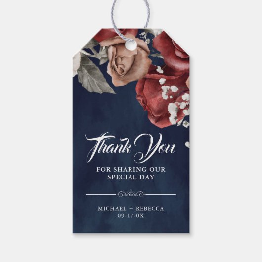 Burgundy Red Roses Floral Navy Wedding Thank You Cadeaulabel (Voorkant)