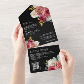 Burgundy Red Roses Floral QR Code Black Wedding All In One Uitnodiging (Afscheurbaar)